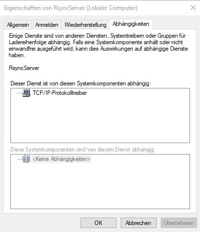 Windows 10 mittels Cygwin und RSyncd automatisch und zuverlässig mit BackupPC sichern 11 Windows Dienst Rsync Abhängigkeiten