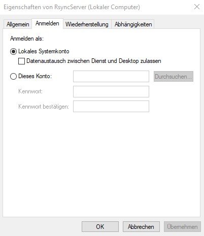 Windows 10 mittels Cygwin und RSyncd automatisch und zuverlässig mit BackupPC sichern 9 Windows Dienst Rsync Anmelden