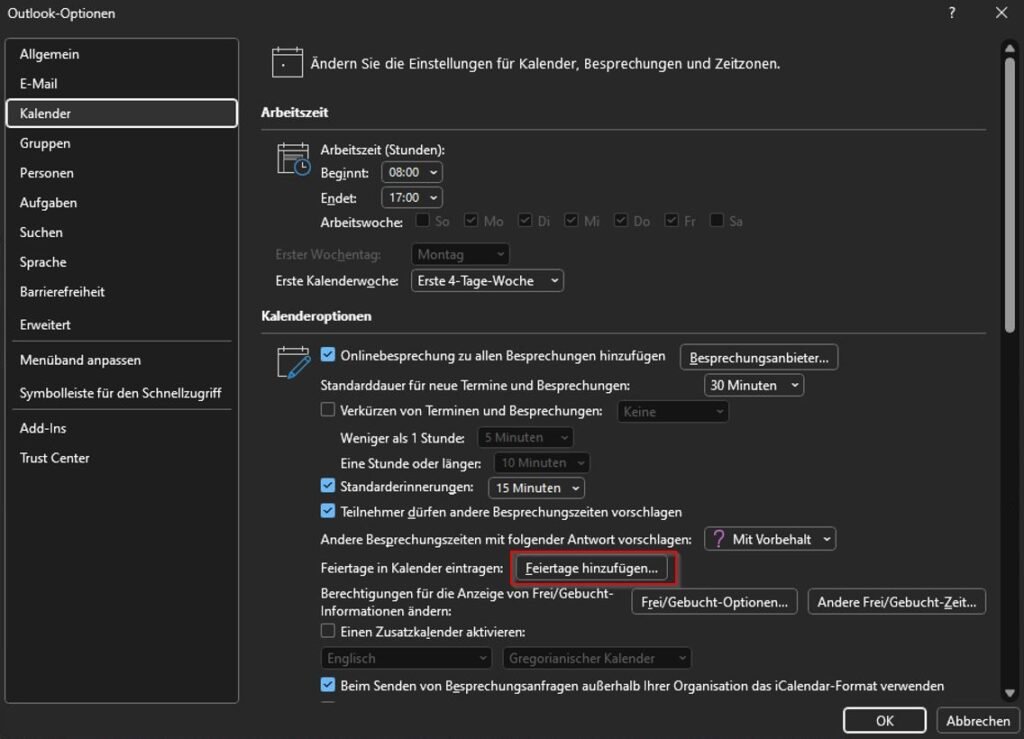 Outlook Kalender Feiertage hinzufügen 5 Outlook Kalender Optionen