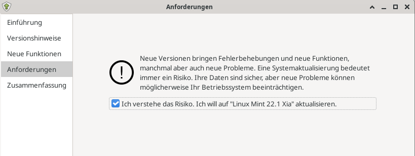 Aktualisierung Linux Mint 22.1 Xia Anforderung