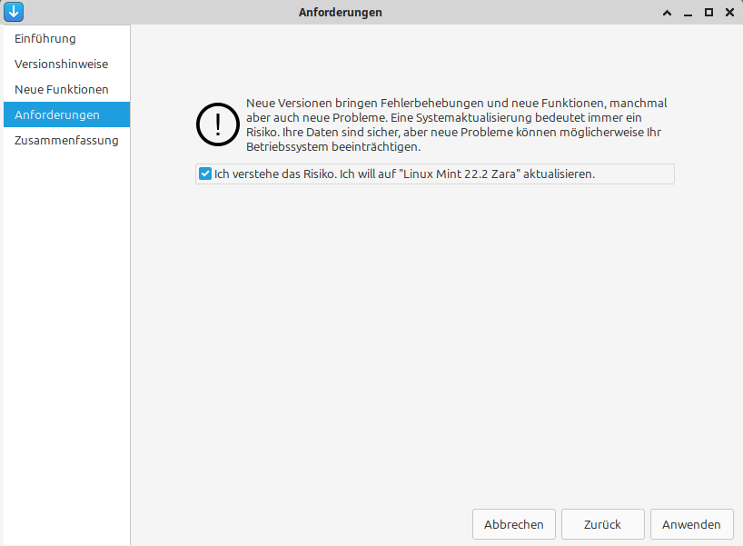 Aktualisierung Linux Mint 22.2 Zara Anforderung