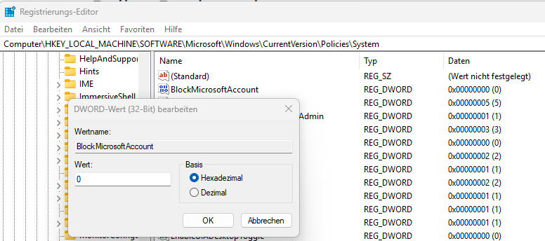 Registrierungseditor - BlockMicrosoftAccount