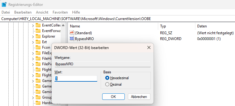 Registrierungseditor OOBE - BypassNRO